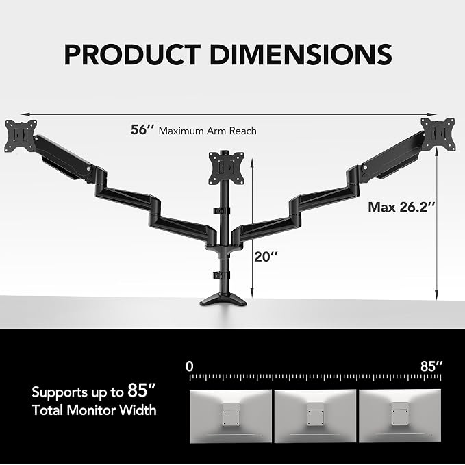 HUANUO Triple Monitor Mount for 17 to 32 inch Screens, Adjustment Gaming Triple Monitor Stand with Swivel, Tilt, Rotation, Clamp & Grommet Kit - Image 3