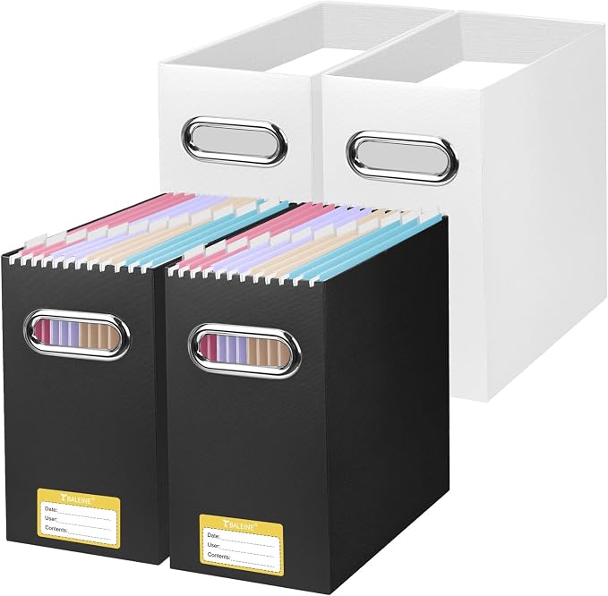 BALEINE File Organizer Box, Cardboard File Folder Organizer with Handle for Letter Size, Portable Collapsible Hanging Filing Box for Home Office Document Storage (4 Pack, Black+White) by BALEINE
