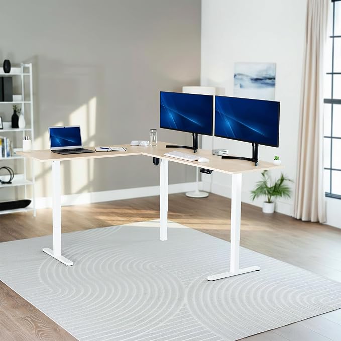 VIVO Light Wood 75 x 63 in Corner Standing Desk, DESK-E3CTC-75 | Electric, Large Reversible L-Shaped Table, Sit Stand Height Adjustable, Memory Controller, Office Furniture Sets, Black Frame - Image 2
