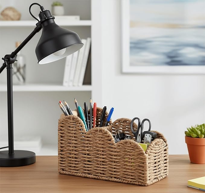 CubesLand Bedside Table Desk Organizer Caddy, Remote Pen&Pencil Holder Cup | Makeup Brush Holder w/Scalloped Perfect for Home, Office Desk, Living Room Table Decor, 3 Slots Neutral - Image 4