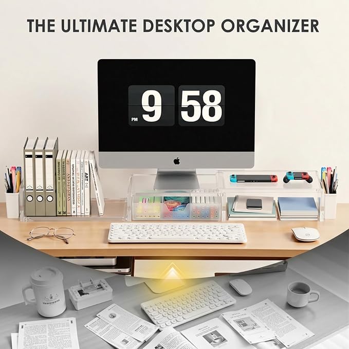 OPNICE Clear Acrylic Desk Organizers and Accessories, Dual Monitor Stand Riser with Drawer, Desk Shelf Computer Racks for Office Workspace Organizers, Desktop Organization (Transparent) - Image 3