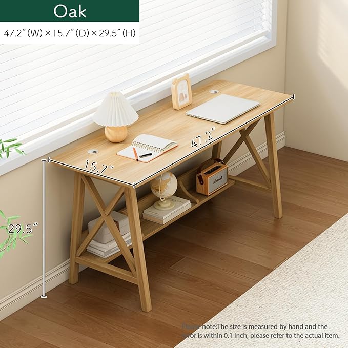 NELYE Extra Long Writing Desk with Bookshelf, 47" Wx16 Dx30 H, Oak | Wooden Home Office Work Study Table, Computer Gaming Workstation with Storage Shelf, Sturdy MDF Resists Wobble - Image 5