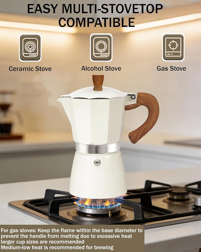 Coffee Maker Stovetop Espresso Maker 3 Cup Aluminum Moka Pot Percolator 5oz 150ml Easy Brewing for Electric Ceramic Stoves Home Camping Italian Cuban Café Classic Sip Sized White - Image 5