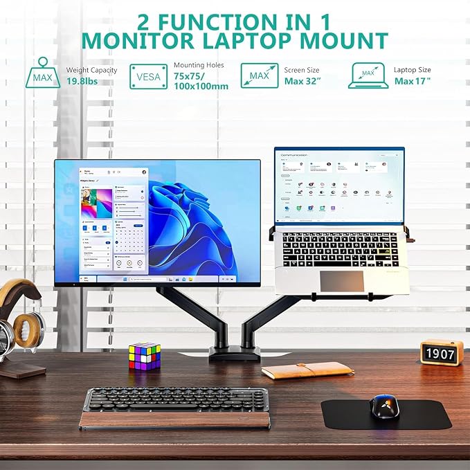 WALI Laptop Desk Mount, Dual Monitor Arm with Laptop Holder, Adjustable Height Laptop Arm Mount for Desk, Fits 17” Notebook and 32” Monitors, Up to 22Lbs (GSMP002LP), Black - Image 3