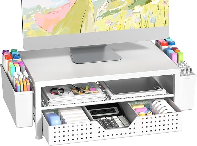 Wood Metal Monitor Stand Riser, Laptop Stand for Desk, Office Desk Organizer and Accessories, Computer Desktop Shelf with Drawer and Pen Holder, Printer Stand for Home, Office, Dorm (White Wood) by Illuminatinglifewiththewarmthandloveoflight