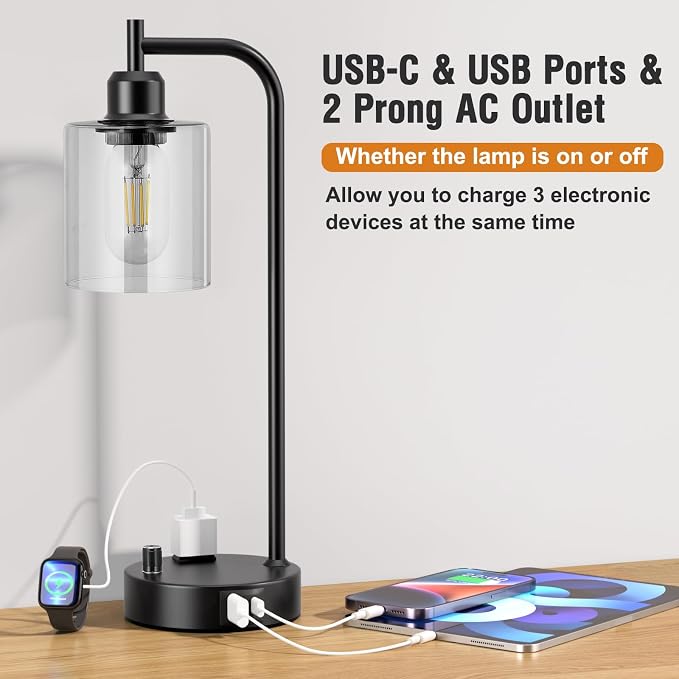 Industrial Nightstand Lamps for Bedrooms Set of 2 - Fully Dimmable Bedside Lamps with USB A C Ports and Outlet, Black Table Lamps with Clear Glass Shade for Living Room, Desk Lamps for Office Reading - Image 4