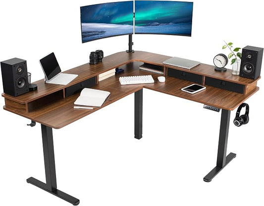 VIVO Dark Walnut 63 x 55 in Corner Standing Desk, DESK-E3CVD | Electric, 2-Tier, L-Shaped, Sit Stand, Height Adjustable, Memory, Dark Walnut Top, Black Frame, Black Drawers by Unknown