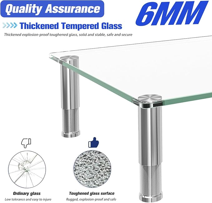 Simple Trending 2-Pack Tempered Glass Monitor Stand, Adjustable, Clear | 14.25"L x 9.5"W, height 3.5"-5", tilt 0-15°. Holds 88 lbs, impact/heat resistant. Stainless steel feet. Easy assembly. - Image 5