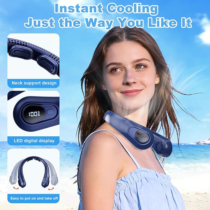Portable Neck Fan Rechargeable - [with LED Display] 5 Speeds, 5000 mAh Battery Operated Wearable Personal Cooling Bladeless Fan for Outdoor Travel, Gifts for Men Women Kids,Dark Blue - Image 2