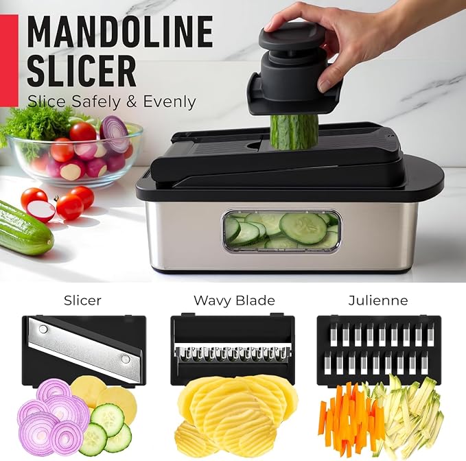MUELLER HOME Pro-Series 10-in-1 Stainless Steel Multi Vegetable Chopper | 8 Blade Mandoline Slicer, Kitchen Tools and Gadgets, Food and Veggie Chopper, Mincer, Dicer, French Fry Cutter, Black - Image 6
