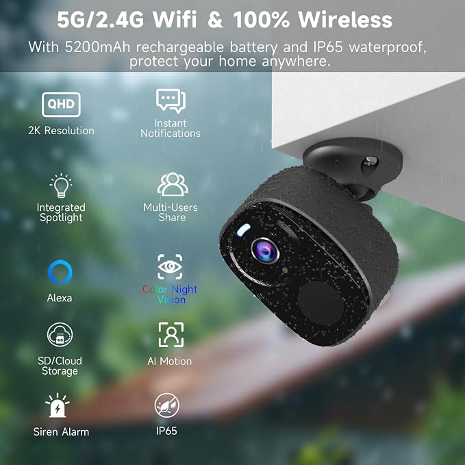 4Pack 5G/2.4G WiFi Security Cameras, 2K Security Cameras Wireless Outdoor Battery Powered with AI Motion Detection Siren Alarm, Color Night Vision, 2-Way Talk, IP65 Waterproof, Works w/Alexa, Cloud/SD - Image 2