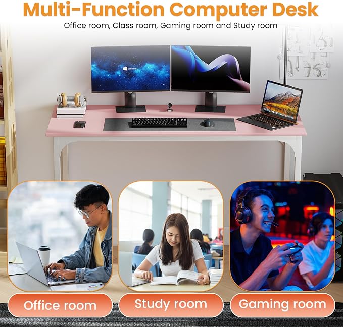 PayLessHere | 47 Inch Computer Desk | Pink | Office Desk with Metal Frame, Adjustable Feet | Water-Resistant, Scratchproof Surface | Sturdy Writing Table for Home Office or Study | Pack of 1 - Image 5