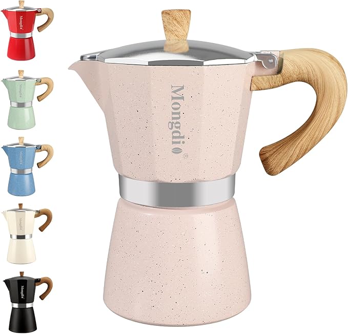 Mongdio Stovetop Espresso Maker Moka Pot, Cuban Coffee Maker Stove top coffee maker Moka Italian Espresso Greca Coffee Maker Brewer Percolator, 6 Espresso Cups, 10 oz - Pink by Mongdio
