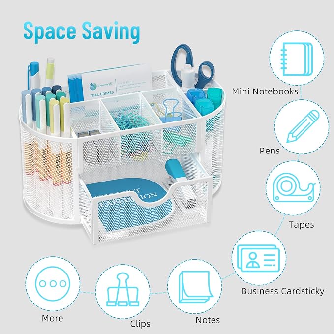 Mesh Desk Organizer with Drawer, 9-Compartment Pen Holder for Desk, White | Pull-Out Drawer Stores Pens, Pencils, Clips, Notes, and Small Office or School Supplies in One Compact Desk Caddy - Image 5