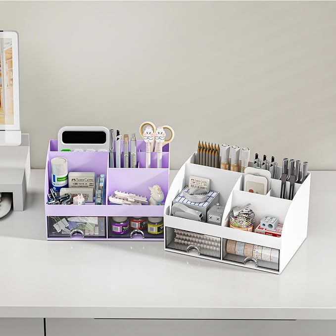 COMFYROOM Desk Organizer with 6 Compartments and 2 Drawers, Plastic Makeup Organizer, Pen Holder for Desktop Storage, Desk Organization for School, Home, Office Supplies (Purple) - Image 5