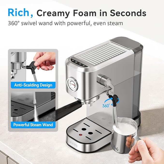 XIXUBX Espresso Machine with Milk Frother for Cappuccino & Latte for Home | 20-Bar Pump, Built-in Pressure Gauge, Powerful Steam Wand, Milk Frothing Pitcher, 42 oz Removable Water Tank, Stainless Steel - Image 6