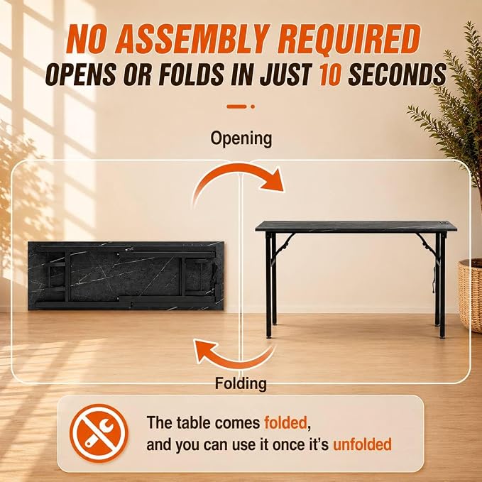 Folding Table Computer Desk - 55.1" No Assembly Folding Desk with Power Outlets & USB Charging Port, Small Desk, Foldable Office Desk, Compact Storage Portable Use for Small Space, Marble Greige - Image 4