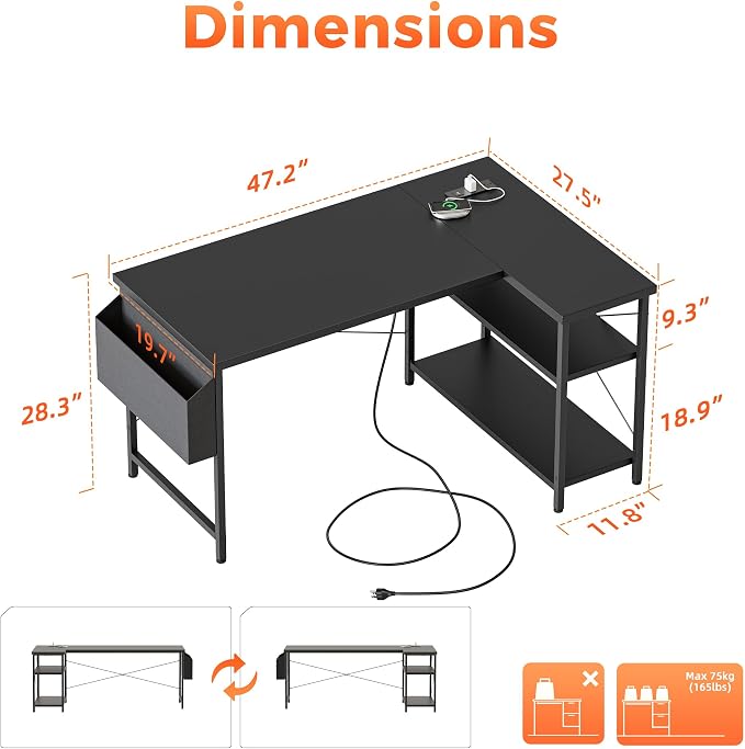 Mericonia 47 inch Corner Desk with Shelves, Small L Shaped Gaming Desk | Reversible Computer Desk with Power Outlets & Storage Bag, Office Table for Home Bedroom Study Work Writing - Image 2