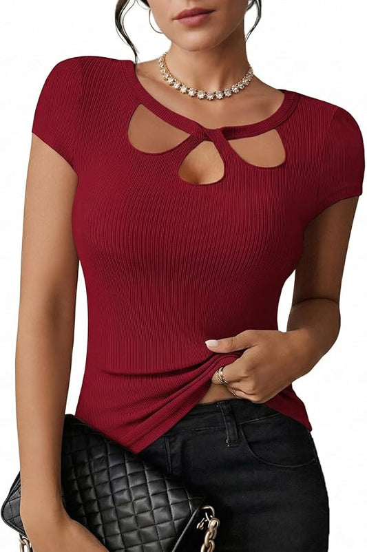 Pink Queen Sexy Tops for Women Cutout Keyhole Neck Cap Sleeve Shirts Casual Summer Clothes 2026 Fashion by PinkQueen