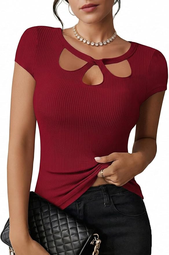 Pink Queen Sexy Tops for Women Cutout Keyhole Neck Cap Sleeve Shirts Casual Summer Clothes 2026 Fashion by PinkQueen