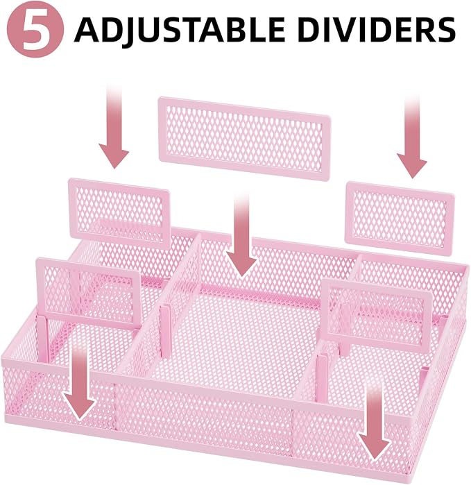 Marbrasse 2 Pack Desk Drawer Organizer, Mesh Drawer Organizer Tray with 8 Adjustable Compartments, Desk Organizers and Accessories, 5 Dividers Drawer for Office Supplies, Makeup & Vanity (Pink) - Image 2