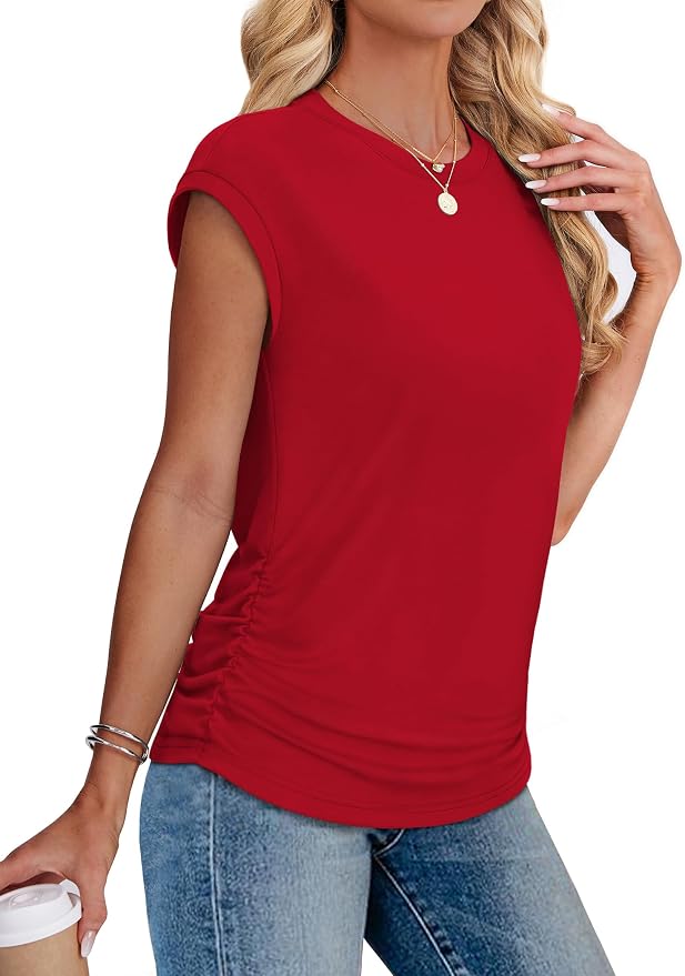 Sampeel Womens Summer Tops Trendy 2026 Ruched Cap Short Sleeve Tshirts Shirts Crew Neck T Shirts Fashion - Image 4