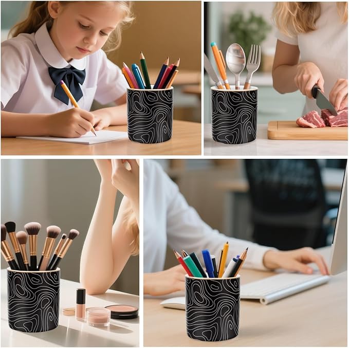Large Capacity Pen Holder, Pencil Cup for Desk, Cute Makeup Brush Holder, Durable Ceramic Organizer Decor for College, Office, Classroom, Abstract Geometric Pattern - Image 3