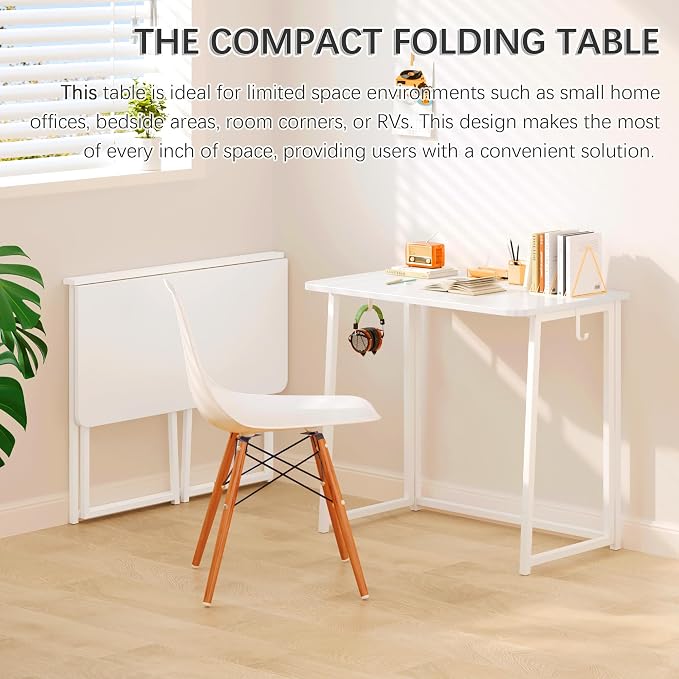 4NM 31.5" Small Folding Desk, Foldable Computer Home Office Desk, Study Writing Table for Small Space Saving Bedroom, Easy Assembly - All White - Image 4