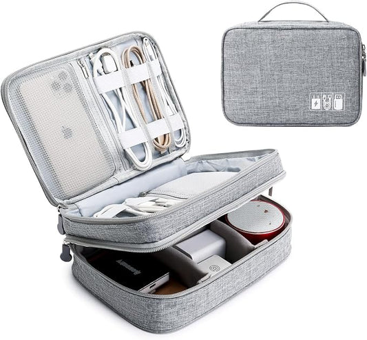 Lanola Travel Cable Organizer Bag, Electronic Accessories Case Portable Double Layer Cable Storage Bag for Cord, Charger, Flash Drive, Phone, SD Card,Personal Items - (Grey) by Lanola