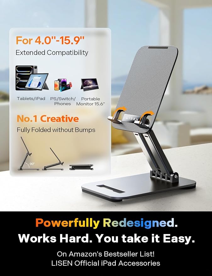 LISEN Tablet Stand, iPad Stand Tablet Holder for Desk, Kindle Accessories Home Office Portable Monitor Stand for Apple iPad mini Air Switch, Adjustable Height Angle, Foldable Design for Gifts - Image 2