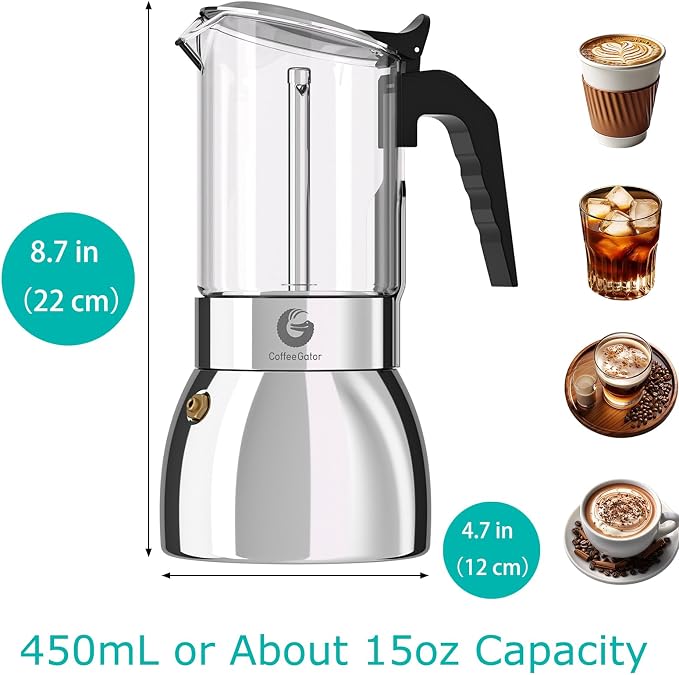 Coffee Gator 9 Cup Moka Pot, 15oz Stovetop Espresso Maker for Italian Coffee, Transparent Glass & Stainless Steel Design, Silver, 450ml - Image 4