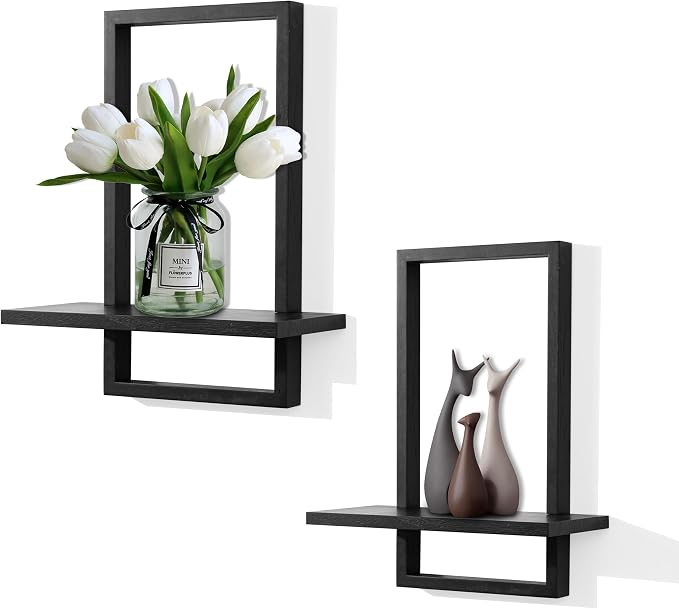 PHOENANCEE Square Floating Shelves,Wall Plants Holder,Bathroom Wall Decor,Framed Decorative Shelf Black,Modern Chic Set of 2 for Living Room Bedroom Home Office,Soild Wood,L+S by PHOENANCEE