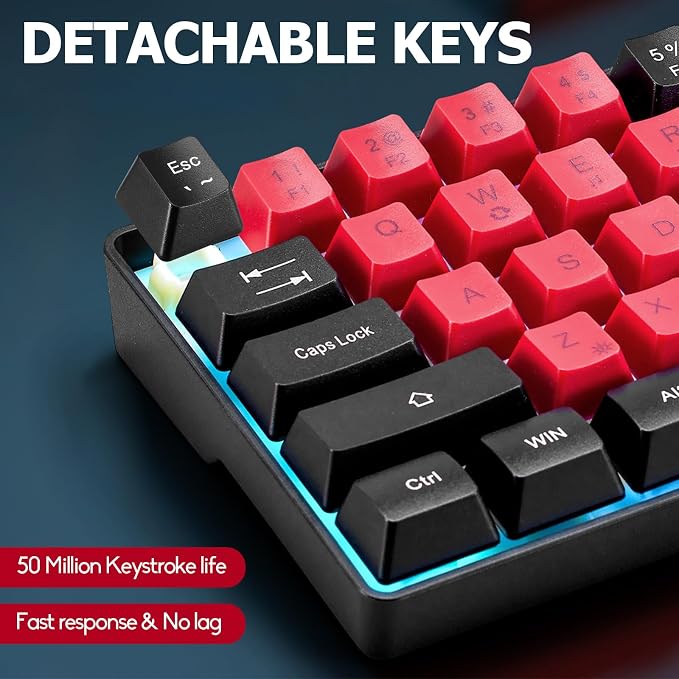 Wired Portable 60% Mechanical Feeling Gaming Keyboard,RGB LED Backlit Compact 68 Keys Mini Wired Office Keyboard for Windows Laptop PC Mac Gamer, Typist, Travel on Business Trip- Red and Black - Image 3