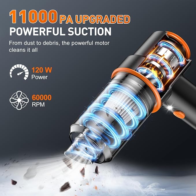 KMM Handheld Car Vacuum Cleaner, 11000PA Vacuum Cleaner & Air Duster, 120W High Power Vacuum Portable Cordless, Hand Held Vacuum Rechargeable with Multi-Nozzles & LED Light for Home, Car, Office - Image 2
