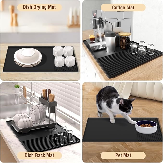 Silicone Coffee Mat with Raised Edges, 20'' X 12'', Bar Mat for Countertops, Accessories Fit Under Coffee Maker Espresso Machine, Dish Drying Mat (BLACK) - Image 7