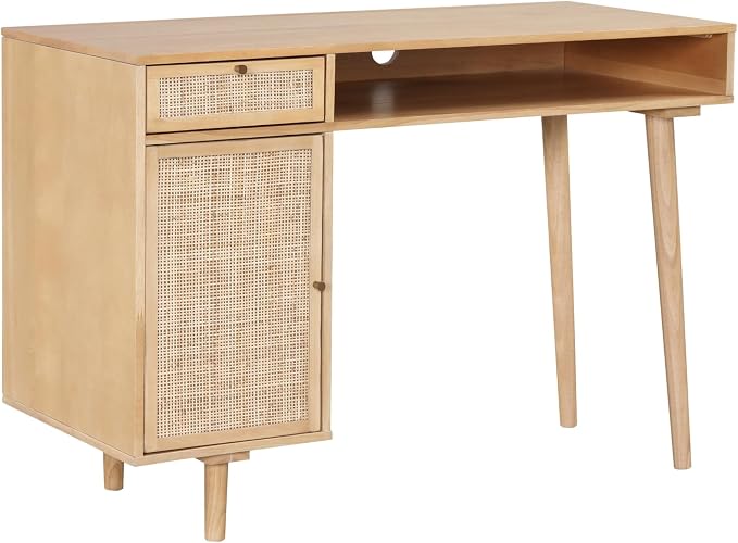 Nathan James Aaron Modern Desk with Storage, Natural Rattan Table with Square Webbing and Gold Accent Knobs, Natural Brown - Image 6