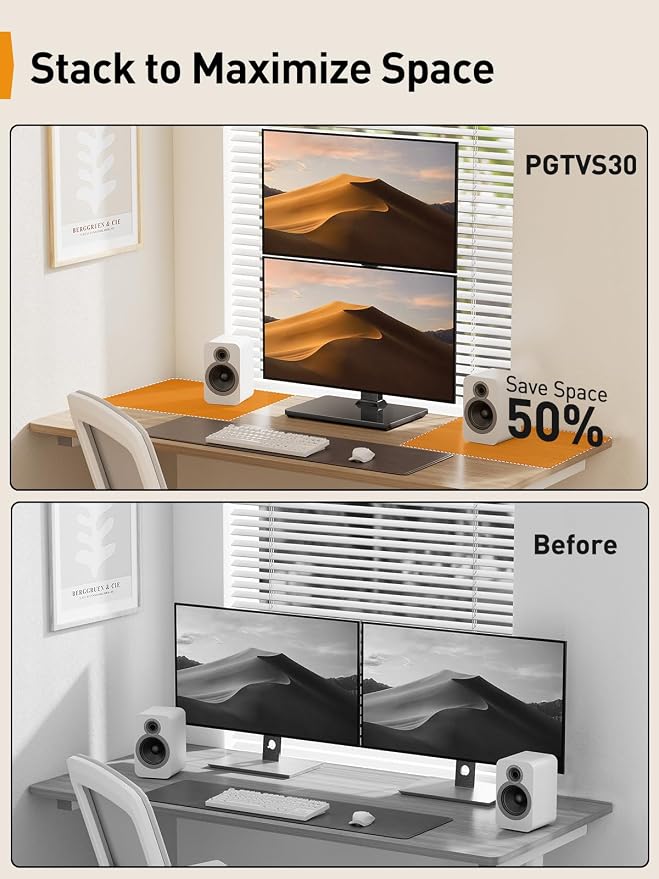 Perlegear Dual Vertical Monitor Stand for 13–40 inch Screens up to 44 lbs | Heavy-duty steel, swivel, tool-free tilt, 360° rotation, 13 height settings, cable management, max VESA 100x100mm, office use - Image 6