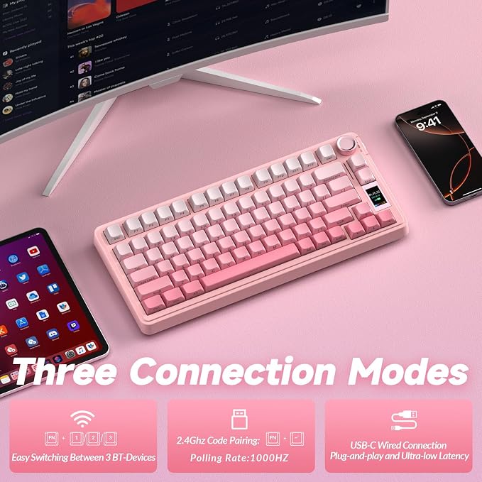 AULA S75 PRO Wireless Mechanical Keyboard with Screen&Knob, Tri-Mode Hot Swappable Gaming Keyboard 75%, Pre-lubed Switches, RGB Backlit, Side Printed PBT Keycaps, Creamy Sounding Pink Keyboards - Image 4