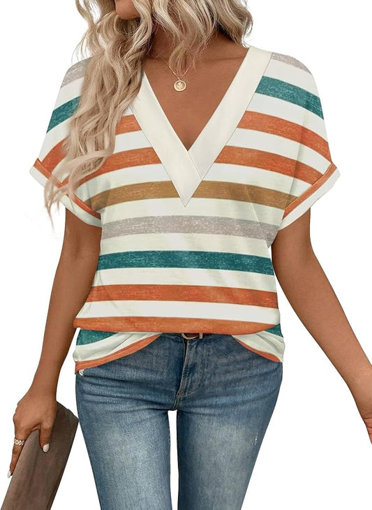 T Shirts Short Sleeve V Neck Tees Womens Tops Beach Vacation Fashion Clothes 2026 Casual Summer Spring Fall Outfits by EyMuseWomensTops
