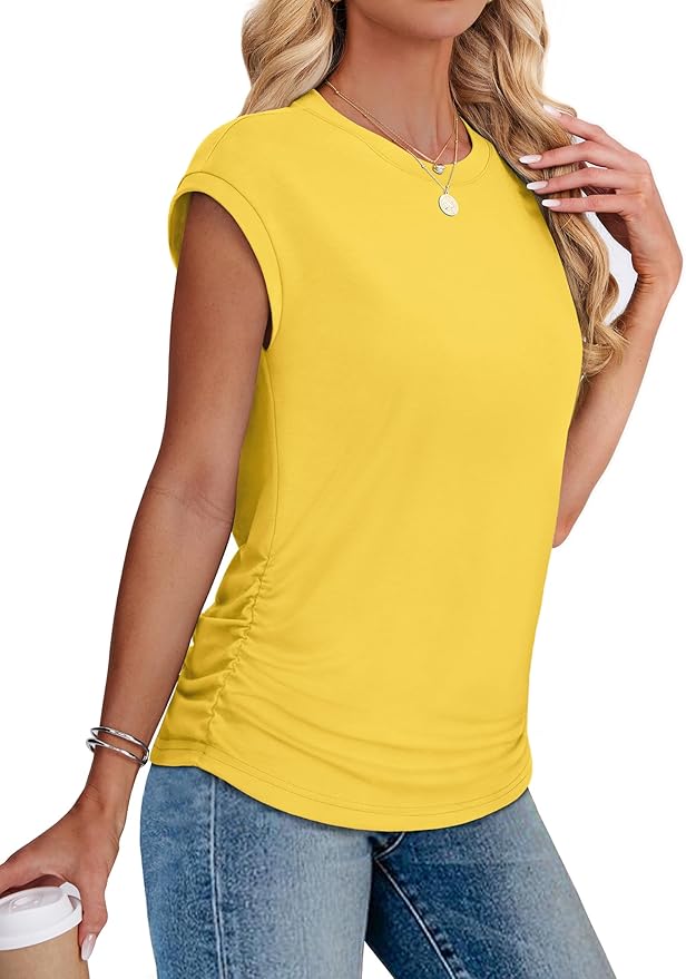Sampeel Womens Summer Tops Trendy 2026 Ruched Cap Short Sleeve Tshirts Shirts Crew Neck T Shirts Fashion - Image 4