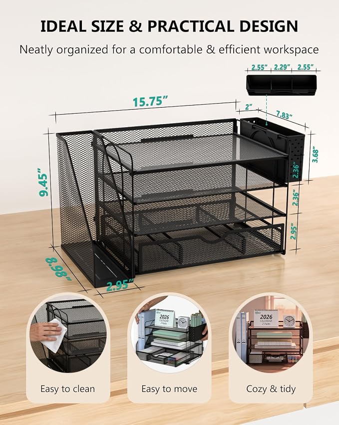 WALI Desk File Organizer, 4 Tier Desktop Paper Letter Tray Organizer with Drawer and 2 Pen Holders, Office Desk Accessories & Workspace Organizers for Office, Home Supplies(DO005DH-2B), 2 Packs, Black - Image 8
