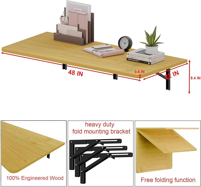 IAE 48x22in Floating Fold Desk,Wall-Mounted Folding Computer Table,Natural | Study Table with Shelf Brackets,Foldable Down Shelf with Engineered Wood,Fold Computer Desk for Small Apartment,Holds 508 lb - Image 2