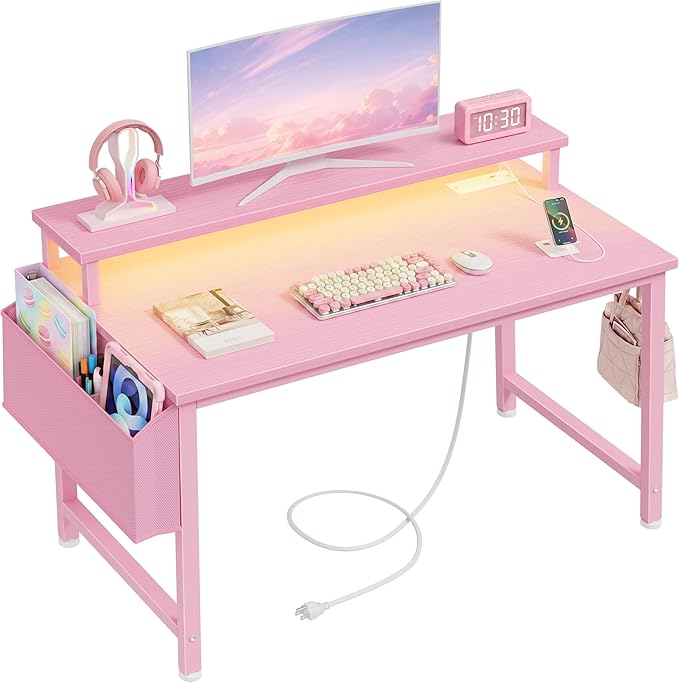 Lufeiya Small Girls Desk with Power Outlets and LED Lights, 32 Inch Gaming Desk Table with Charging Station, Home Office Computer Desks with Monitor, Pink by LUFEIYA