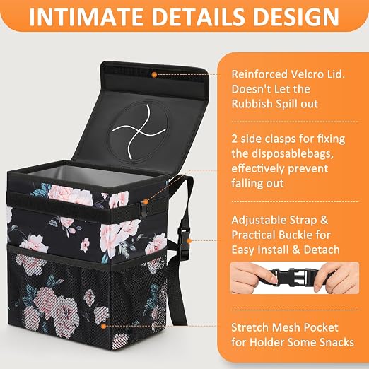 Vankor 3 Gallons Car Trash Can with Lid, Car Bag Bin Hanging Waterproof Automotive Garbage Cans Leak Proof Vehicle Trash Can Black Floral - Image 4