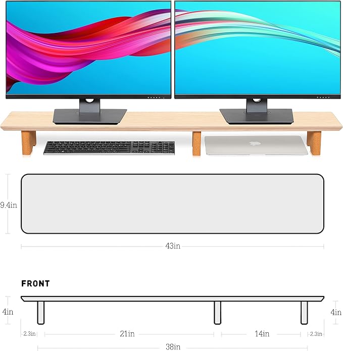 Aothia Large Dual Monitor Stand Riser, Solid Wood Desk Shelf with Eco Cork Legs for Laptop Computer/TV/PC/Printers, Perfect Desktop Stands Organizer with Underneath Storage for Office Accessories - Image 4