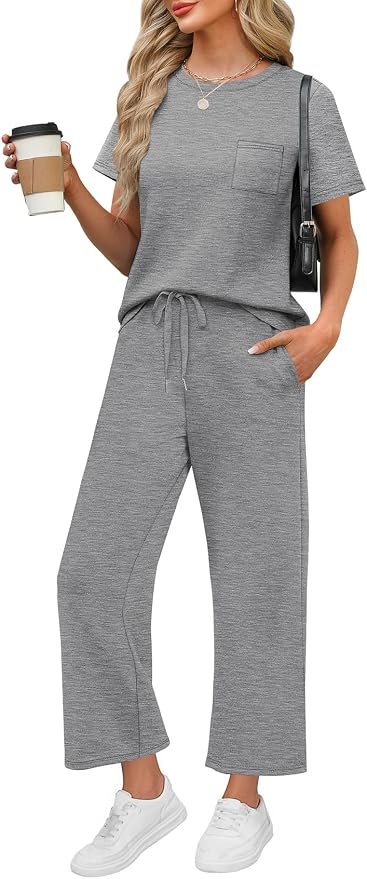 WIHOLL 2 Piece Sets for Women Casual Summer Travel Vacation Outfits Short Sleeve Wide Leg Crop Pants Lounge Sets by WIHOLL