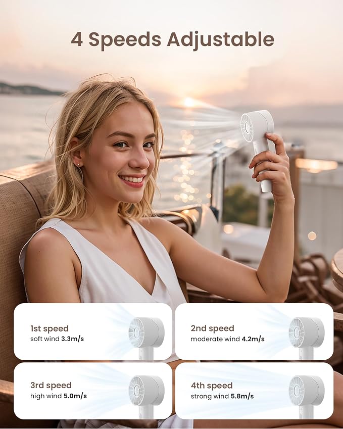 Portable Mini Handheld Turbo Fan, 4 Speed High Velocity Personal Cooling Device [Max 16H], Rechargeable Purse Travel Essential for Vacation/Beach/Trip - White - Image 5