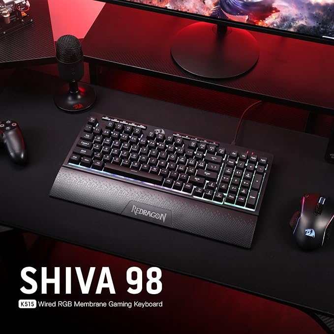 Redragon K515 Shiva Wired RGB Membrane Gaming Keyboard, 98 Keys Mechanical-Feel Keyboard w/Smooth Linear Switch, On-Board Macro & Dedicated Multimedia Keys, Detachable Wrist Rest, Software Supported - Image 9