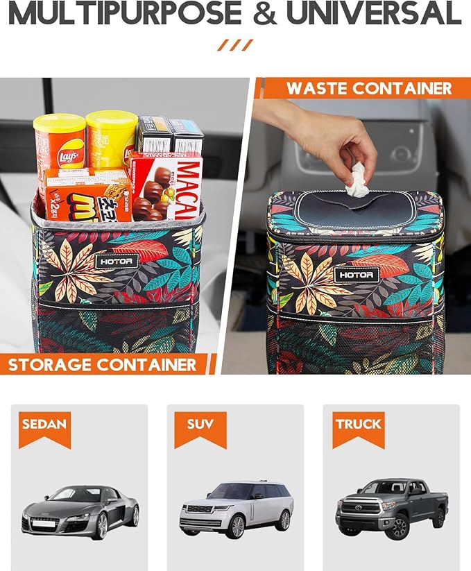 HOTOR Car Trash Can with Lid and Storage Pockets - 100% Leak-Proof Organizer, Waterproof Garbage Can, Multipurpose Trash Bin for Car, 2 Gallons, Autumn Leaves - Image 6