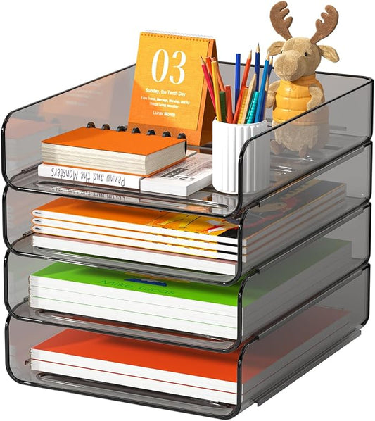FANXIYQ 4-Tier Acrylic Paper Tray Organizer, Brown Office Paper Organizer | Stackable, Tool-Free Design with 2-4 Tiers for A4 Paper, Files, Books and Mail; Ideal for School, Home Office and Study Room by FANXIYQ